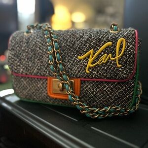 $248 Karl Lagerfeld Agyness Tweed Shoulder Bag Acrylic ColorfulLogo Paris